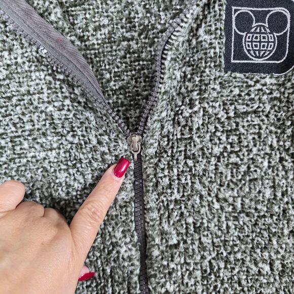 Disney Jacket Womens M Black and White Sherpa Fleece Full Zip Mickey Globe Patch - Picture 6 of 12